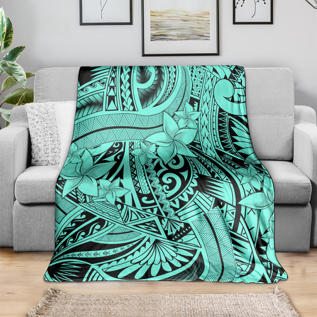 Polynesia Blanket Tribal Polynesian Spirit With Teal Pacific Flowers LT9