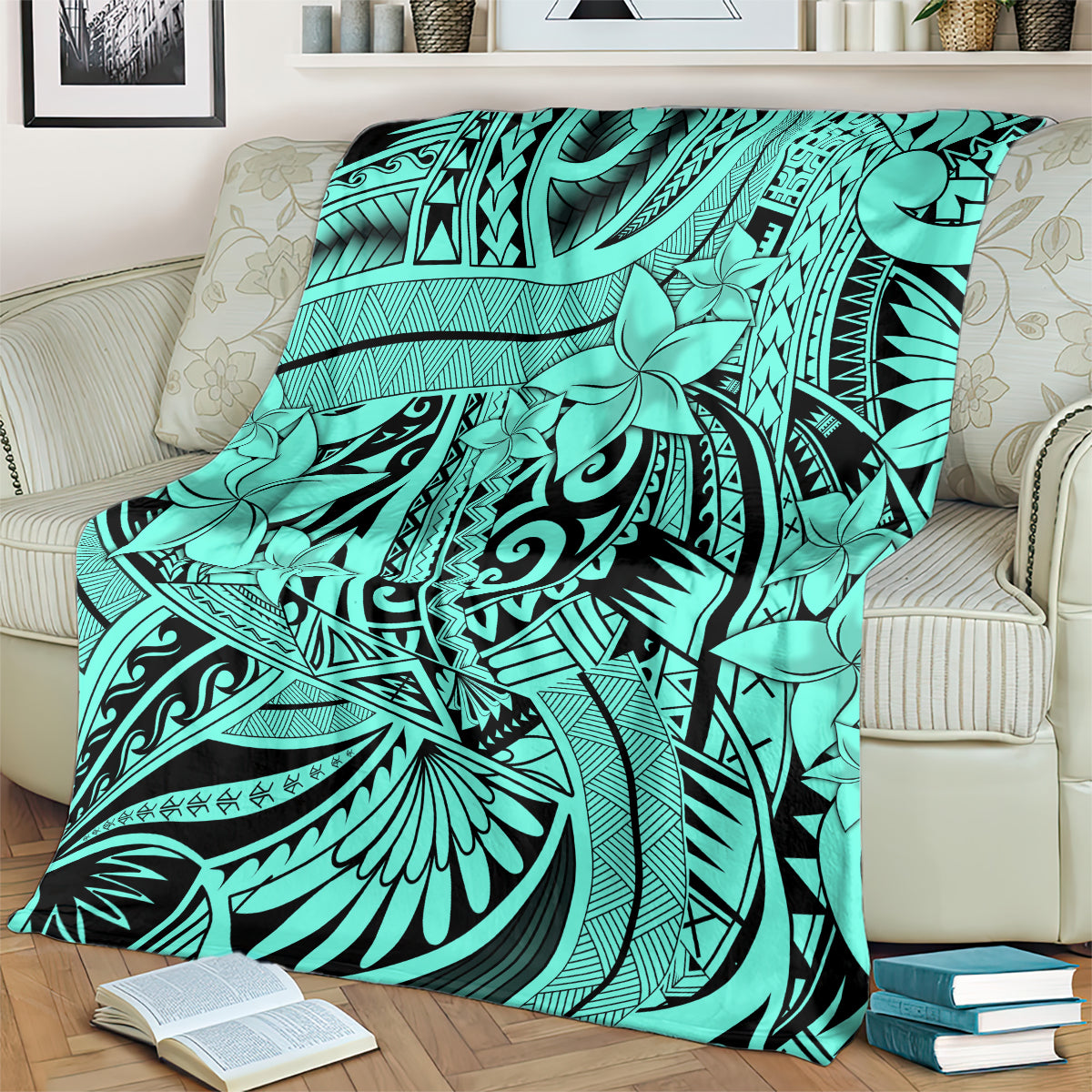 Polynesia Blanket Tribal Polynesian Spirit With Teal Pacific Flowers LT9