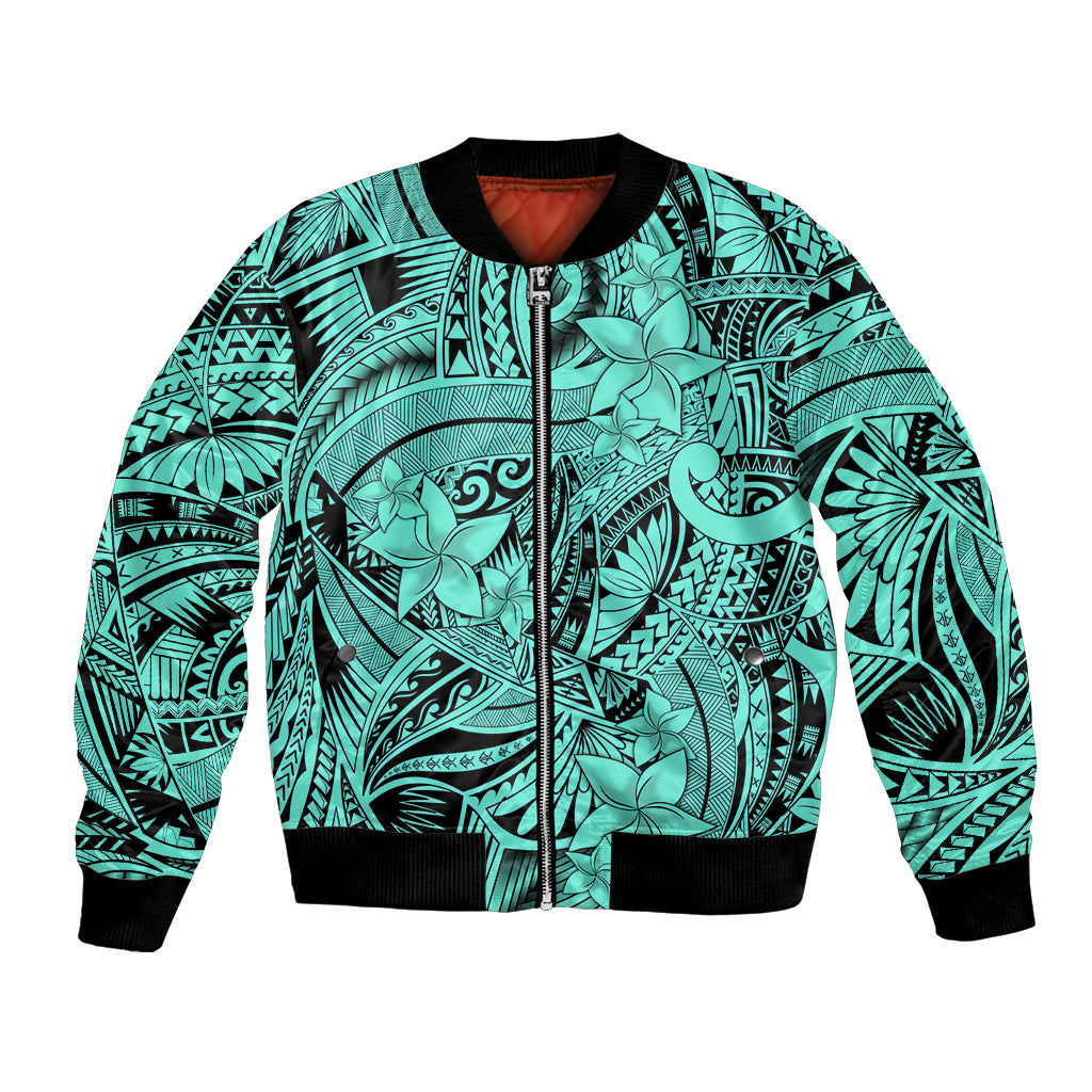 Polynesia Bomber Jacket Tribal Polynesian Spirit With Teal Pacific Flowers LT9 - Wonder Print Shop