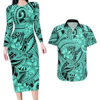 Polynesia Couples Matching Long Sleeve Bodycon Dress and Hawaiian Shirt Tribal Polynesian Spirit With Teal Pacific Flowers LT9 - Wonder Print Shop