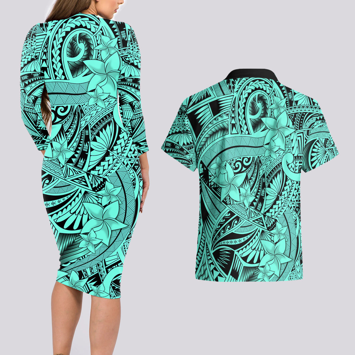 Polynesia Couples Matching Long Sleeve Bodycon Dress and Hawaiian Shirt Tribal Polynesian Spirit With Teal Pacific Flowers LT9 - Wonder Print Shop