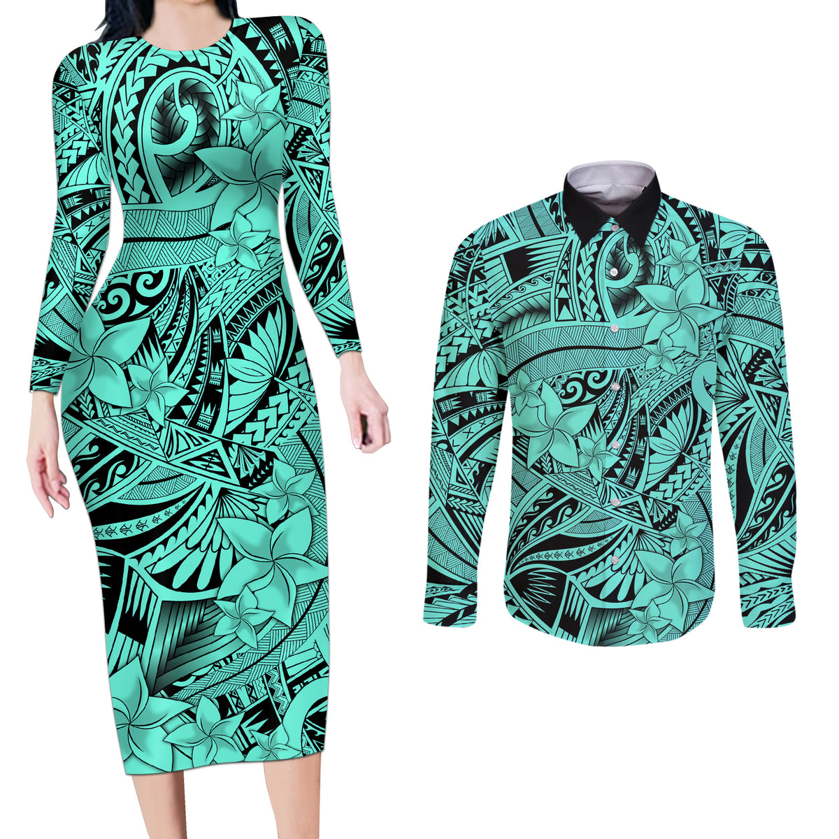 Polynesia Couples Matching Long Sleeve Bodycon Dress and Long Sleeve Button Shirt Tribal Polynesian Spirit With Teal Pacific Flowers LT9 - Wonder Print Shop