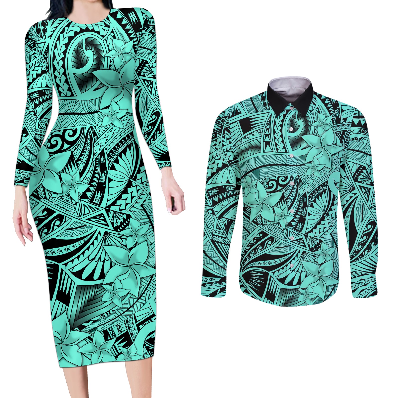 Polynesia Couples Matching Long Sleeve Bodycon Dress and Long Sleeve Button Shirt Tribal Polynesian Spirit With Teal Pacific Flowers LT9 - Wonder Print Shop