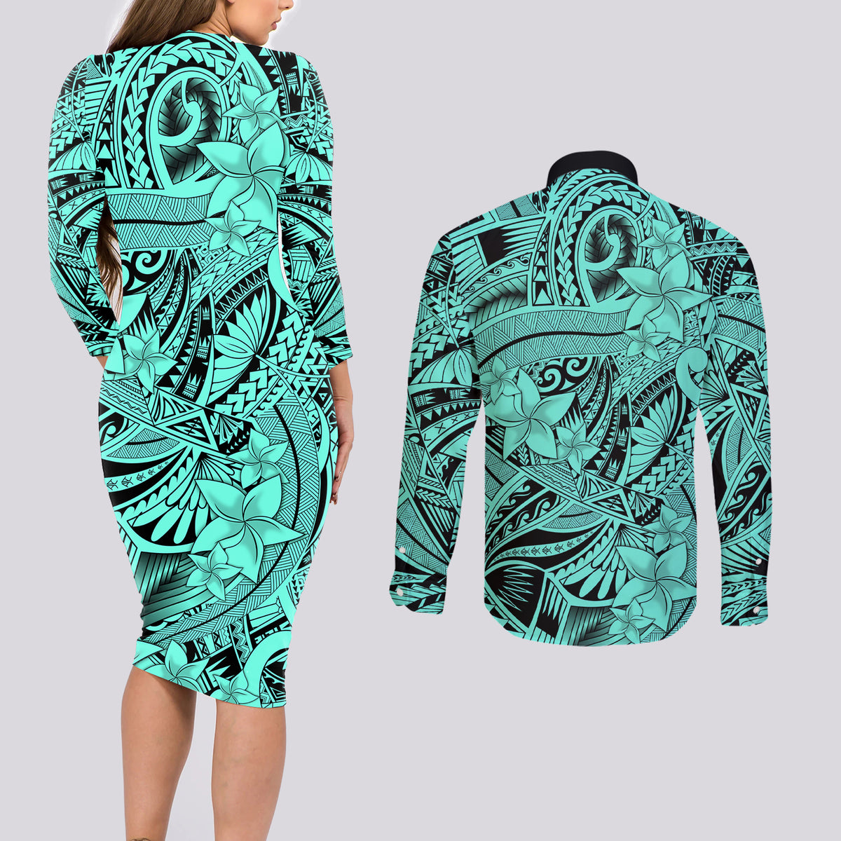 Polynesia Couples Matching Long Sleeve Bodycon Dress and Long Sleeve Button Shirt Tribal Polynesian Spirit With Teal Pacific Flowers LT9 - Wonder Print Shop