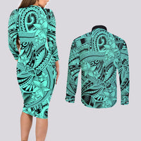 Polynesia Couples Matching Long Sleeve Bodycon Dress and Long Sleeve Button Shirt Tribal Polynesian Spirit With Teal Pacific Flowers LT9 - Wonder Print Shop