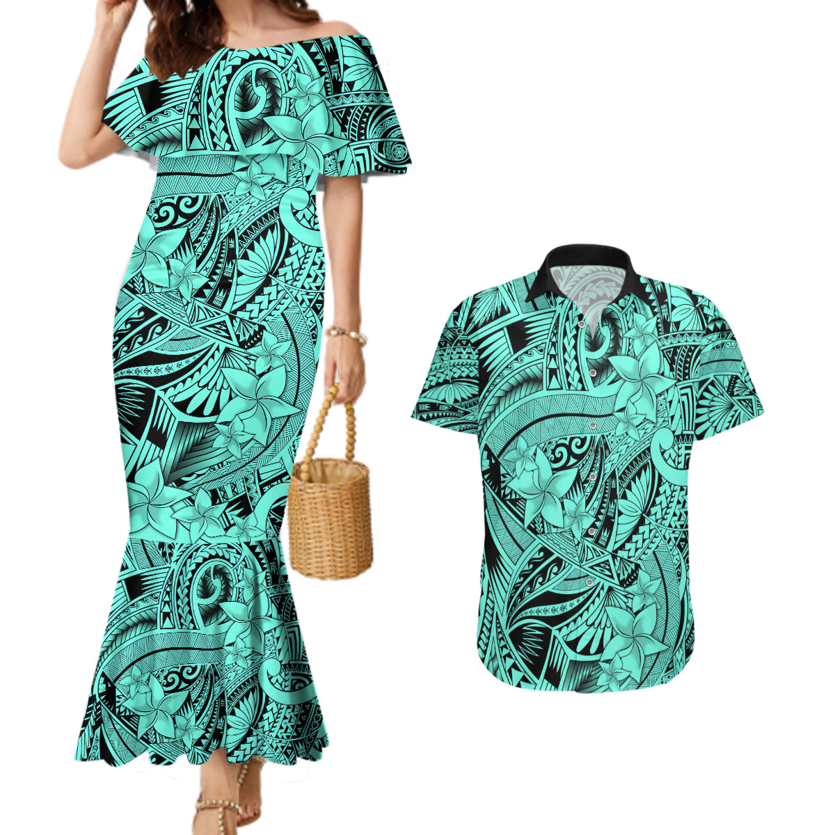 Polynesia Couples Matching Mermaid Dress and Hawaiian Shirt Tribal Polynesian Spirit With Teal Pacific Flowers LT9 - Wonder Print Shop