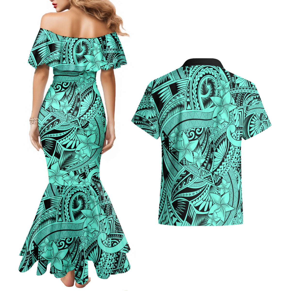 Polynesia Couples Matching Mermaid Dress and Hawaiian Shirt Tribal Polynesian Spirit With Teal Pacific Flowers LT9 - Wonder Print Shop