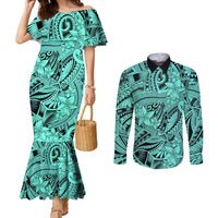 polynesia-couples-matching-mermaid-dress-and-long-sleeve-button-shirt-tribal-polynesian-spirit-with-teal-pacific-flowers