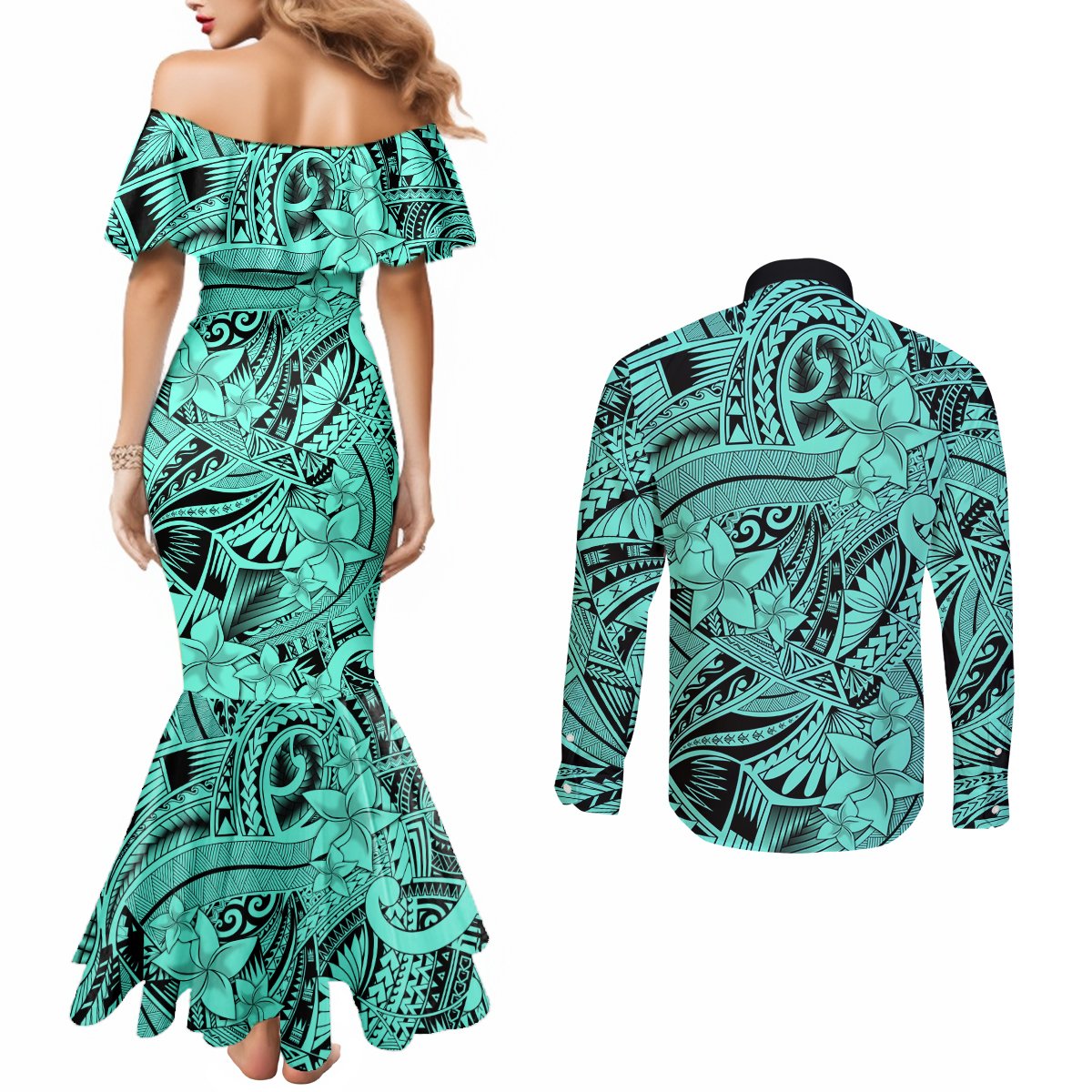 polynesia-couples-matching-mermaid-dress-and-long-sleeve-button-shirt-tribal-polynesian-spirit-with-teal-pacific-flowers