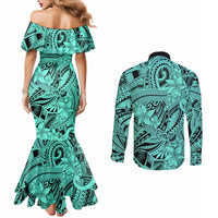 polynesia-couples-matching-mermaid-dress-and-long-sleeve-button-shirt-tribal-polynesian-spirit-with-teal-pacific-flowers