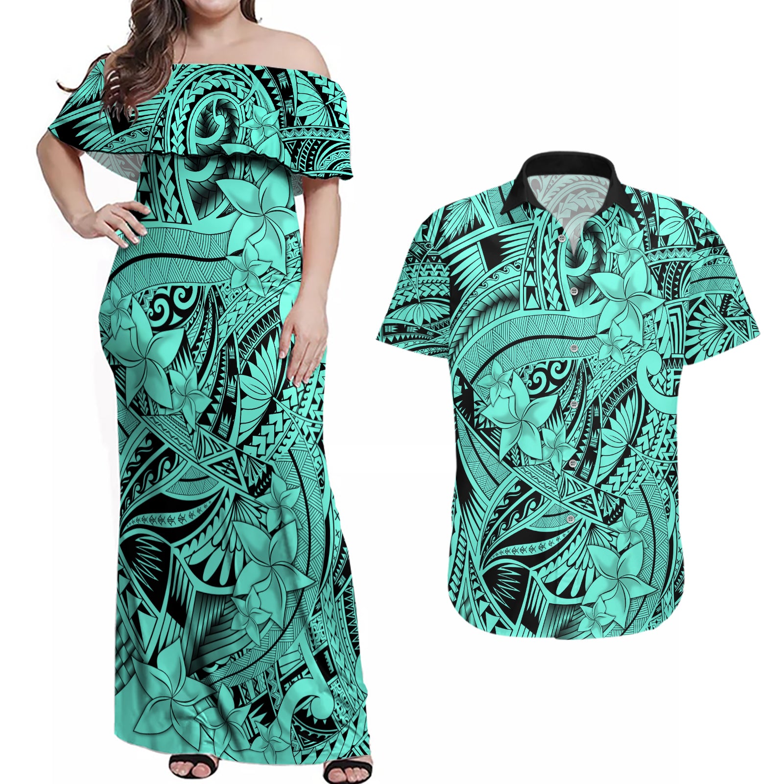 Polynesia Couples Matching Off Shoulder Maxi Dress and Hawaiian Shirt Tribal Polynesian Spirit With Teal Pacific Flowers LT9 - Wonder Print Shop