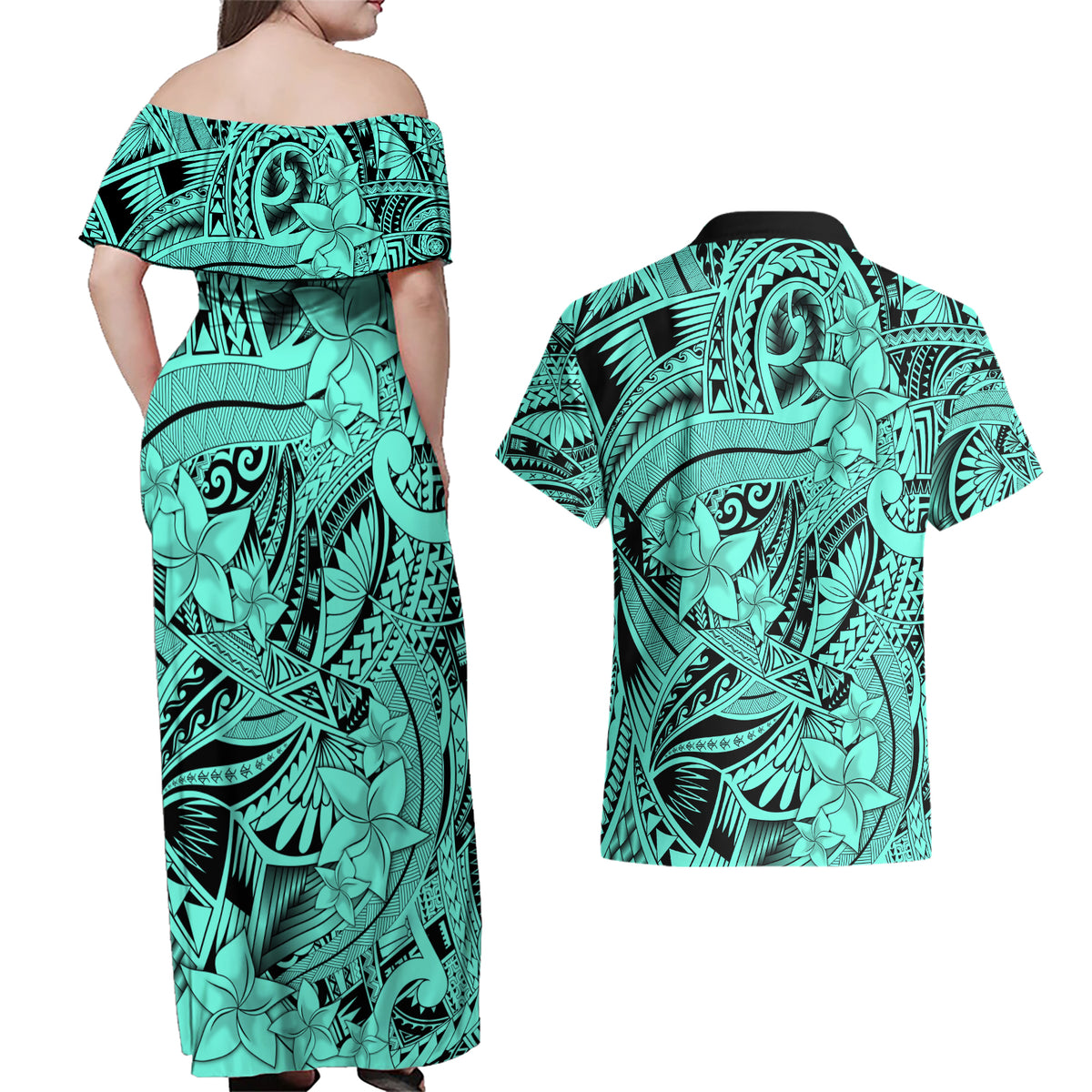 Polynesia Couples Matching Off Shoulder Maxi Dress and Hawaiian Shirt Tribal Polynesian Spirit With Teal Pacific Flowers LT9 - Wonder Print Shop
