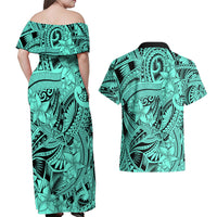 Polynesia Couples Matching Off Shoulder Maxi Dress and Hawaiian Shirt Tribal Polynesian Spirit With Teal Pacific Flowers LT9 - Wonder Print Shop