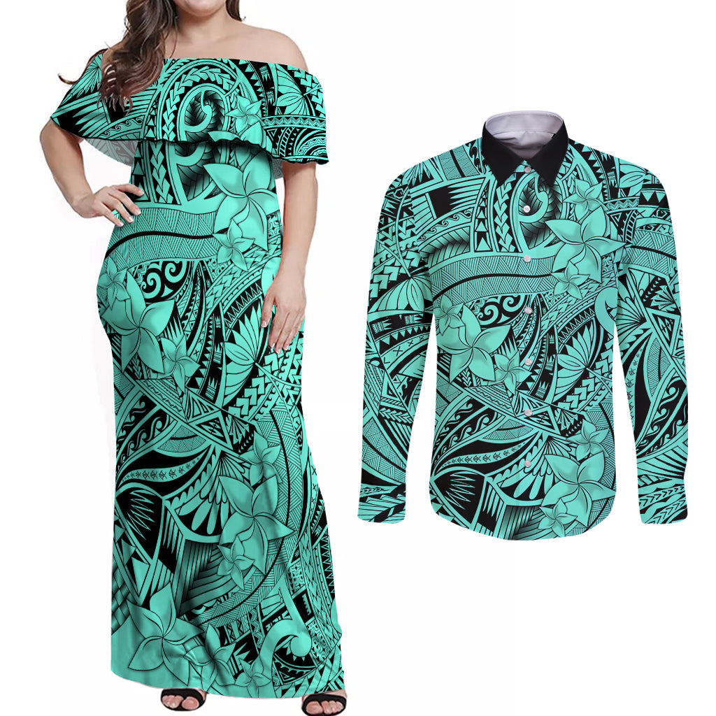 Polynesia Couples Matching Off Shoulder Maxi Dress and Long Sleeve Button Shirt Tribal Polynesian Spirit With Teal Pacific Flowers LT9 - Wonder Print Shop