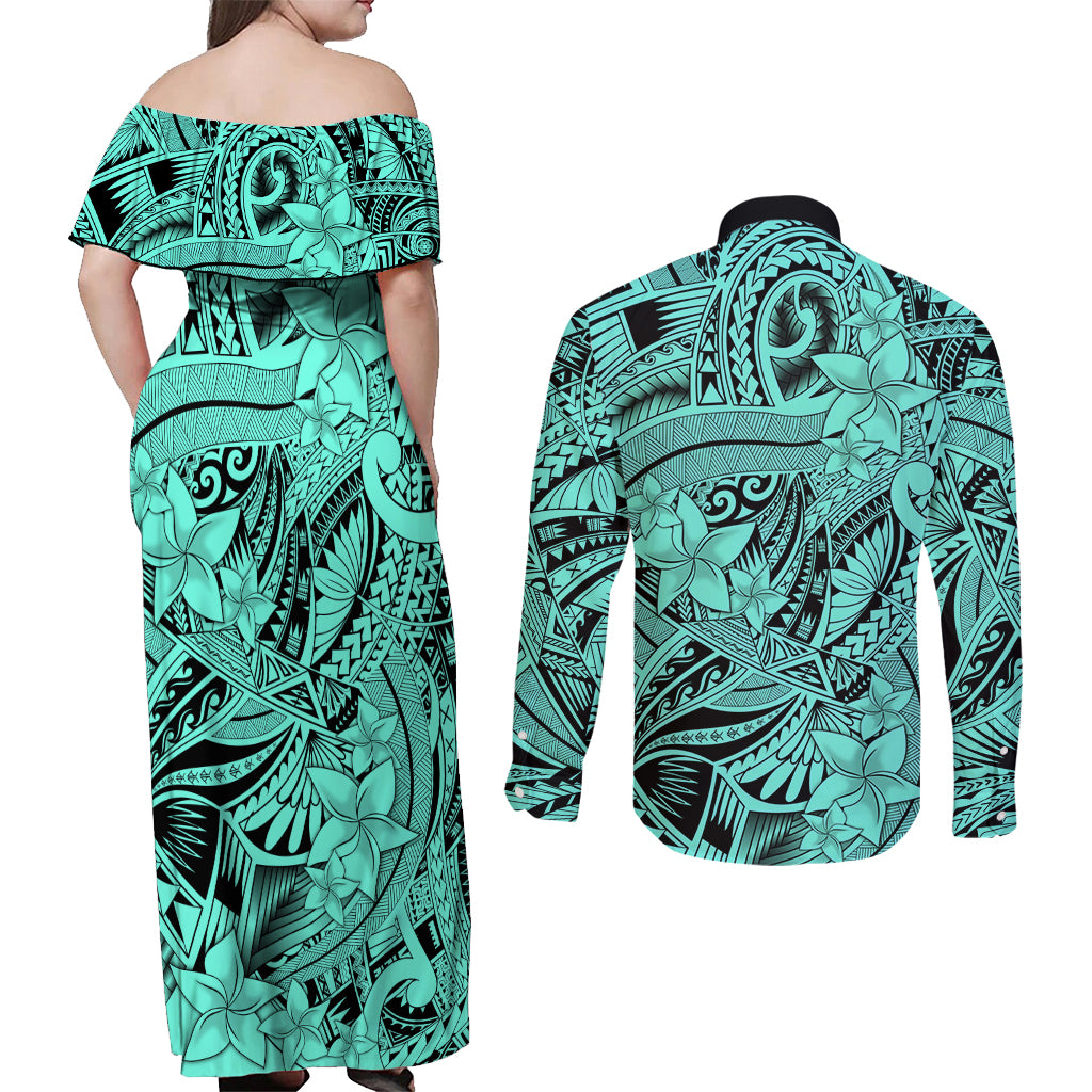 Polynesia Couples Matching Off Shoulder Maxi Dress and Long Sleeve Button Shirt Tribal Polynesian Spirit With Teal Pacific Flowers LT9 - Wonder Print Shop