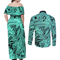 Polynesia Couples Matching Off Shoulder Maxi Dress and Long Sleeve Button Shirt Tribal Polynesian Spirit With Teal Pacific Flowers LT9 - Wonder Print Shop