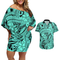 Polynesia Couples Matching Off Shoulder Short Dress and Hawaiian Shirt Tribal Polynesian Spirit With Teal Pacific Flowers LT9 - Wonder Print Shop