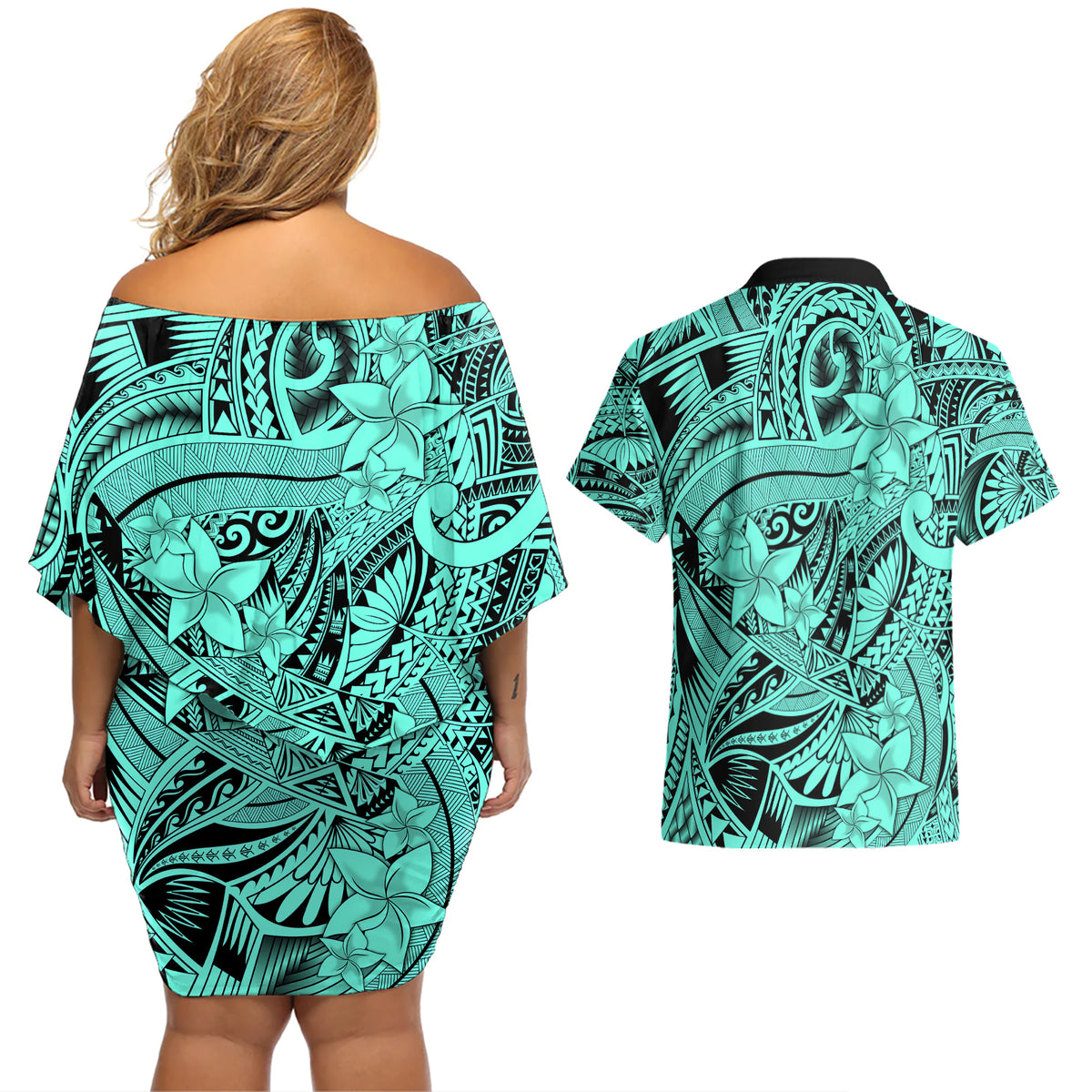 Polynesia Couples Matching Off Shoulder Short Dress and Hawaiian Shirt Tribal Polynesian Spirit With Teal Pacific Flowers LT9 - Wonder Print Shop
