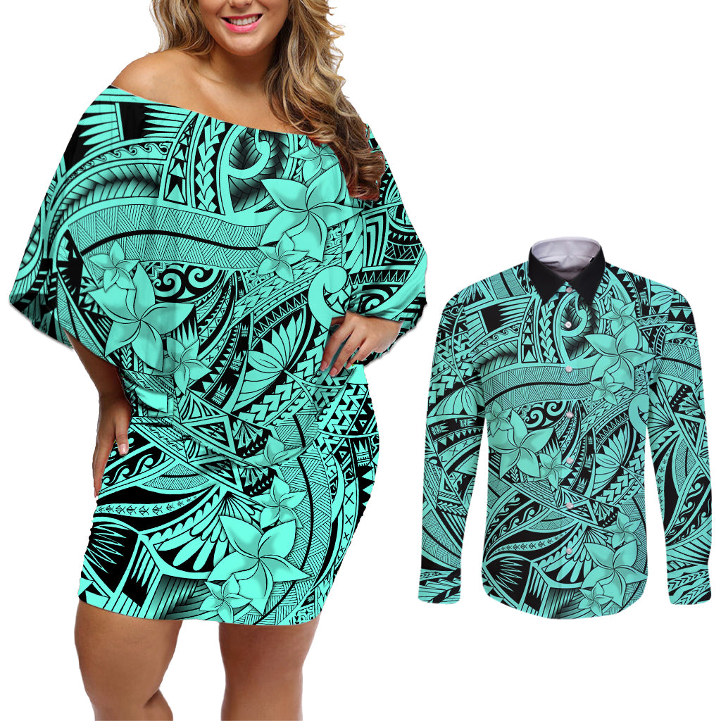 Polynesia Couples Matching Off Shoulder Short Dress and Long Sleeve Button Shirt Tribal Polynesian Spirit With Teal Pacific Flowers LT9 - Wonder Print Shop