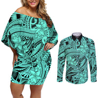 Polynesia Couples Matching Off Shoulder Short Dress and Long Sleeve Button Shirt Tribal Polynesian Spirit With Teal Pacific Flowers LT9 - Wonder Print Shop