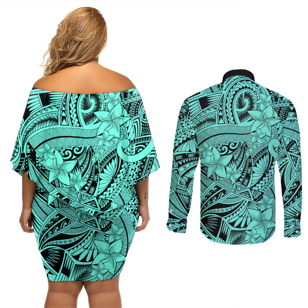 Polynesia Couples Matching Off Shoulder Short Dress and Long Sleeve Button Shirt Tribal Polynesian Spirit With Teal Pacific Flowers LT9 - Wonder Print Shop