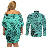 Polynesia Couples Matching Off Shoulder Short Dress and Long Sleeve Button Shirt Tribal Polynesian Spirit With Teal Pacific Flowers LT9 - Wonder Print Shop