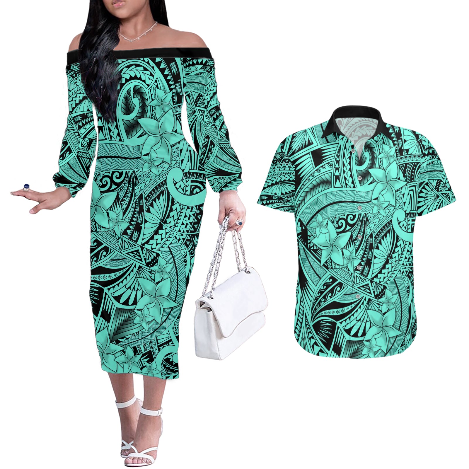 Polynesia Couples Matching Off The Shoulder Long Sleeve Dress and Hawaiian Shirt Tribal Polynesian Spirit With Teal Pacific Flowers LT9 - Wonder Print Shop