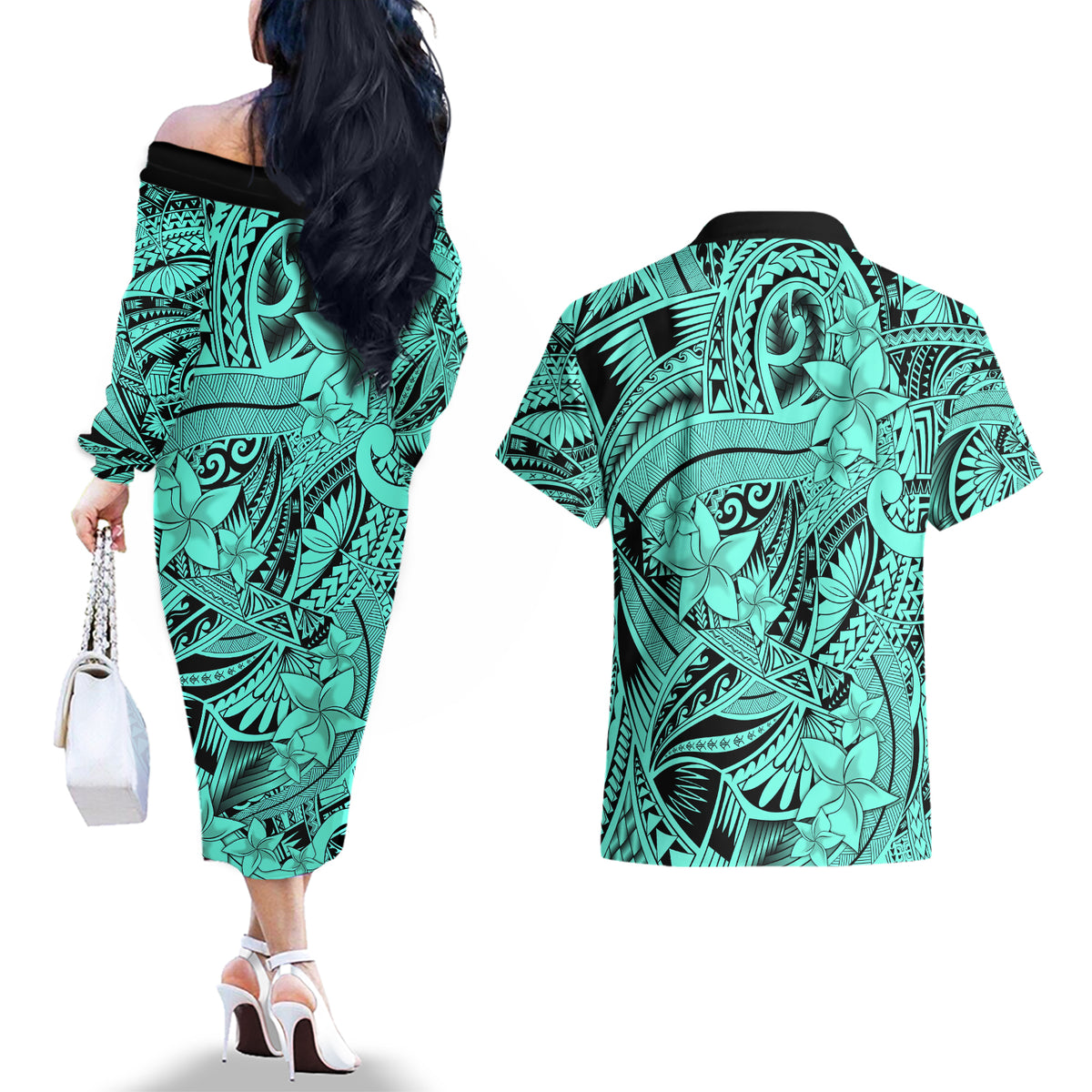 Polynesia Couples Matching Off The Shoulder Long Sleeve Dress and Hawaiian Shirt Tribal Polynesian Spirit With Teal Pacific Flowers LT9 - Wonder Print Shop