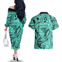 Polynesia Couples Matching Off The Shoulder Long Sleeve Dress and Hawaiian Shirt Tribal Polynesian Spirit With Teal Pacific Flowers LT9 - Wonder Print Shop