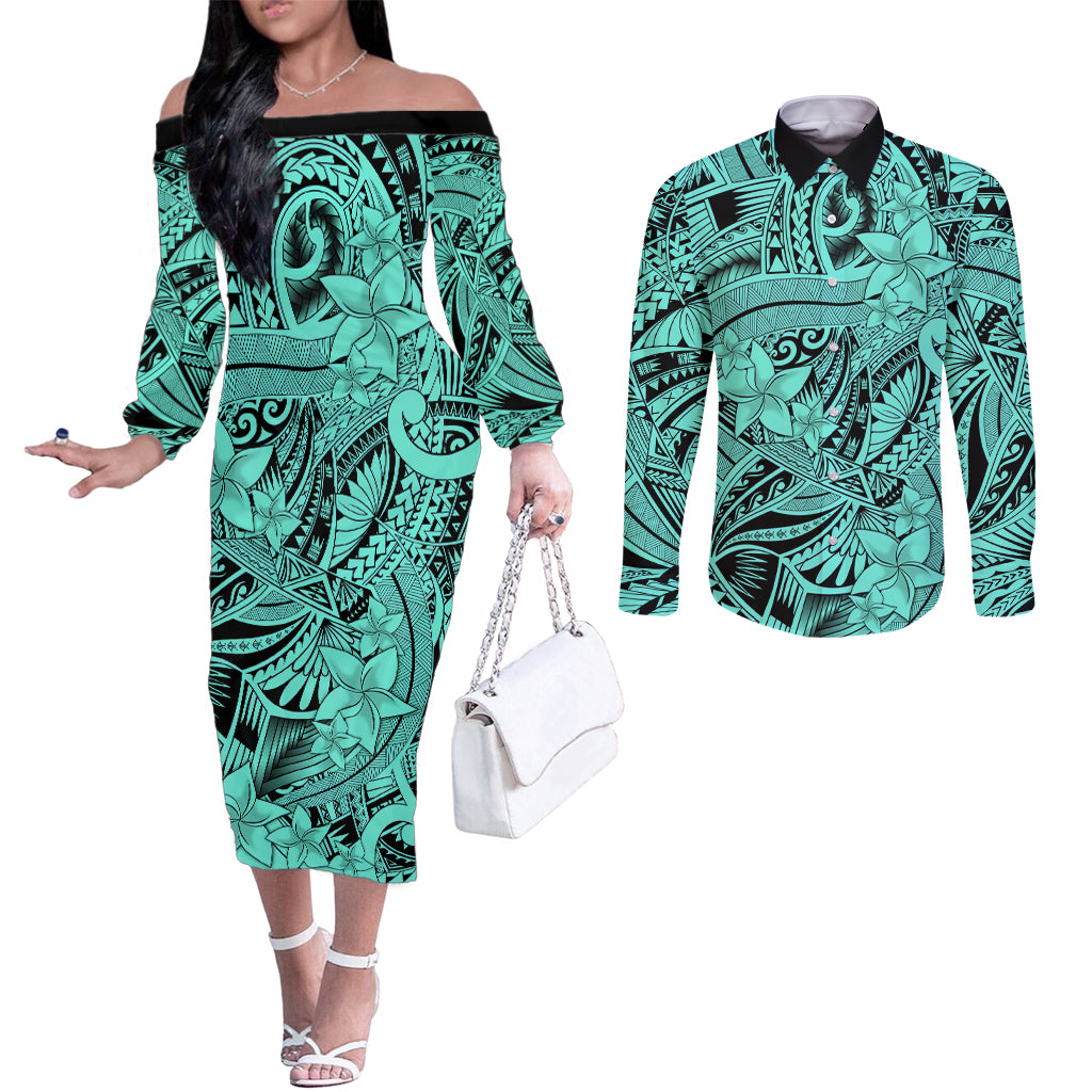 polynesia-couples-matching-off-the-shoulder-long-sleeve-dress-and-long-sleeve-button-shirt-tribal-polynesian-spirit-with-teal-pacific-flowers
