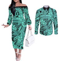 polynesia-couples-matching-off-the-shoulder-long-sleeve-dress-and-long-sleeve-button-shirt-tribal-polynesian-spirit-with-teal-pacific-flowers