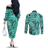 polynesia-couples-matching-off-the-shoulder-long-sleeve-dress-and-long-sleeve-button-shirt-tribal-polynesian-spirit-with-teal-pacific-flowers