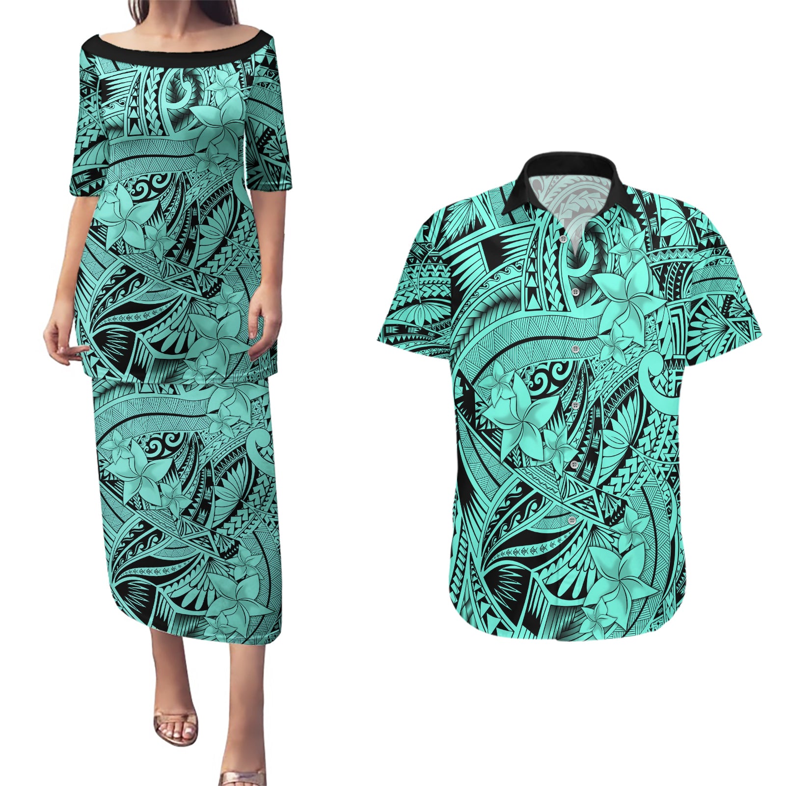 Polynesia Couples Matching Puletasi Dress and Hawaiian Shirt Tribal Polynesian Spirit With Teal Pacific Flowers LT9 - Wonder Print Shop
