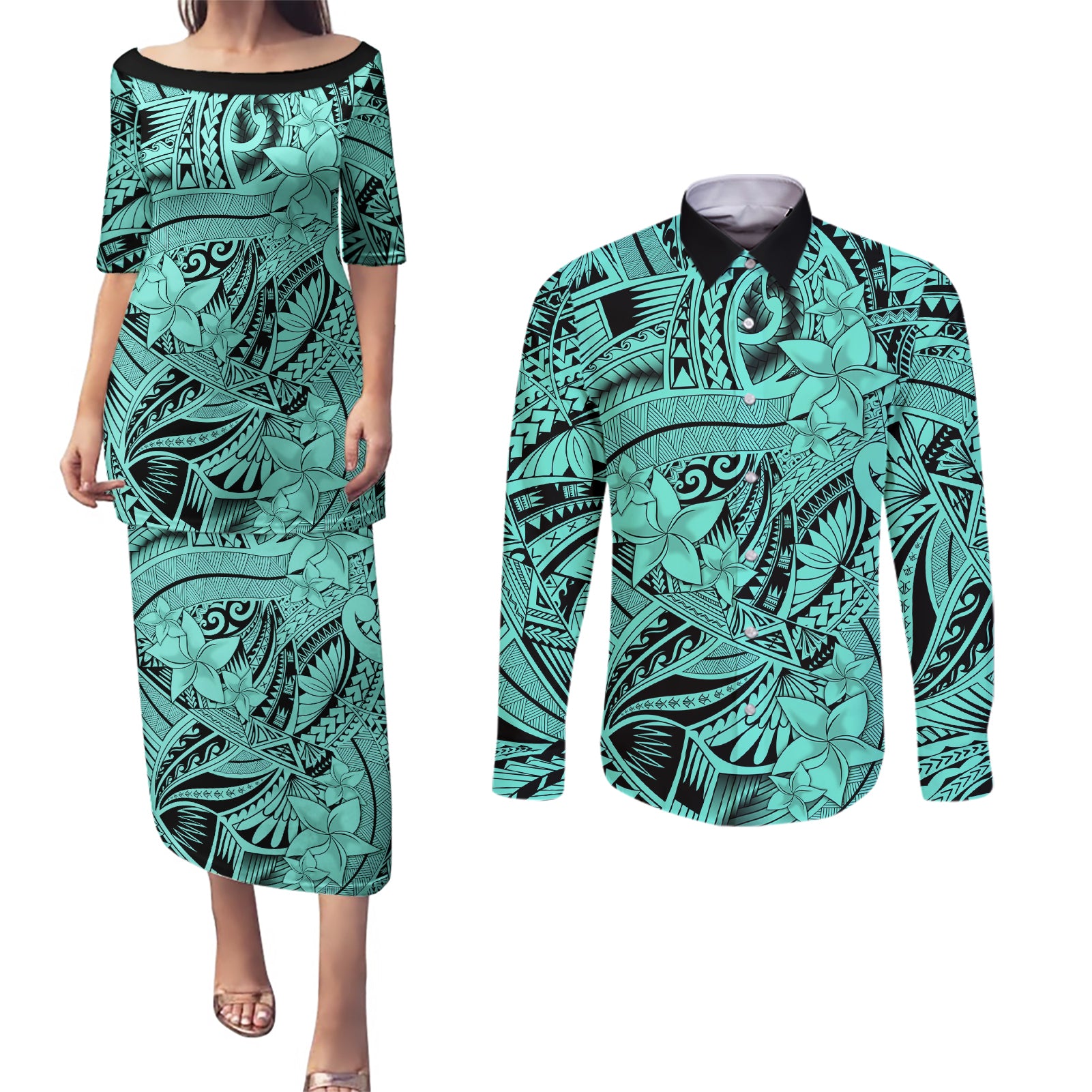 Polynesia Couples Matching Puletasi Dress and Long Sleeve Button Shirt Tribal Polynesian Spirit With Teal Pacific Flowers LT9 - Wonder Print Shop