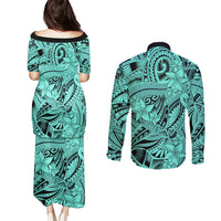 Polynesia Couples Matching Puletasi Dress and Long Sleeve Button Shirt Tribal Polynesian Spirit With Teal Pacific Flowers LT9 - Wonder Print Shop
