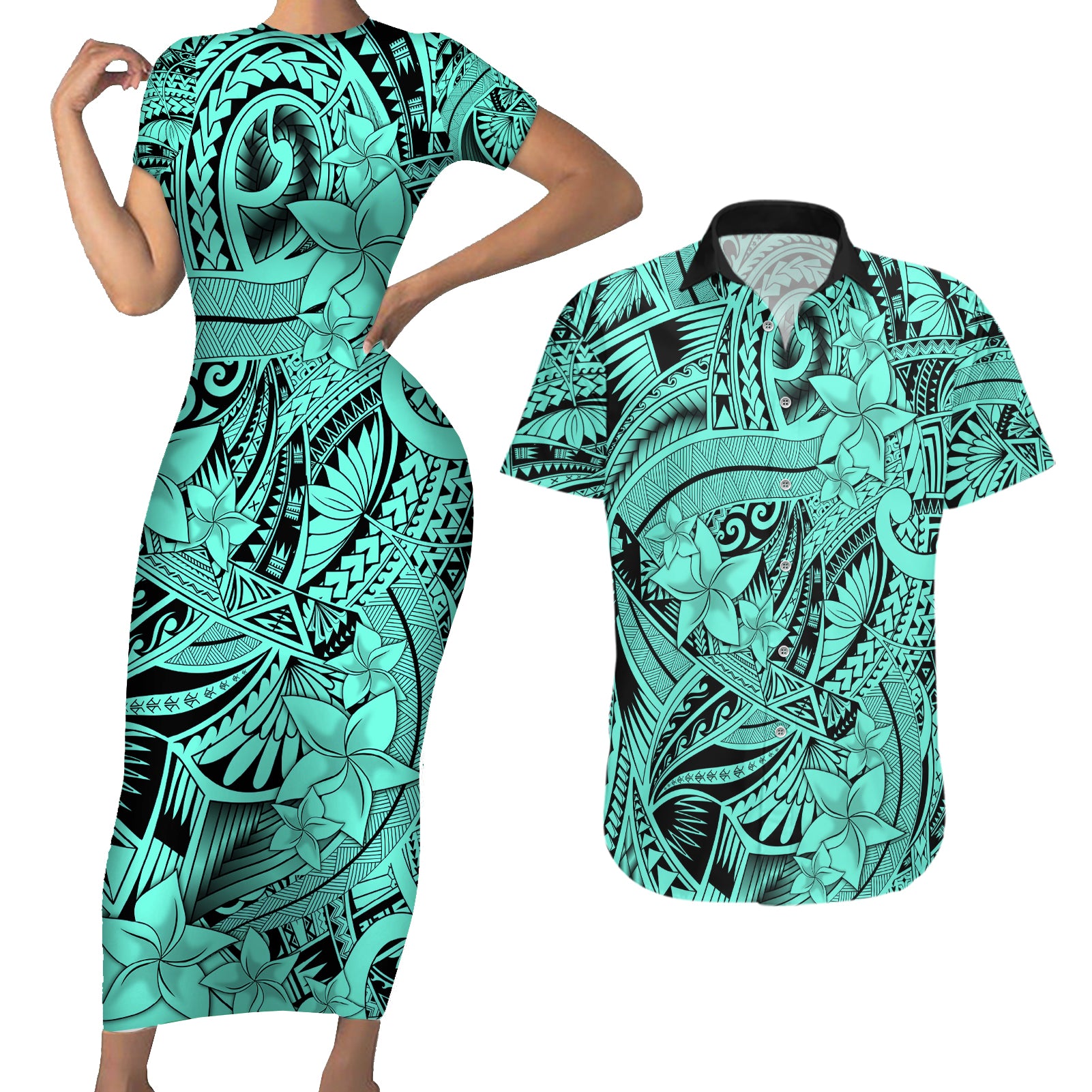 Polynesia Couples Matching Short Sleeve Bodycon Dress and Hawaiian Shirt Tribal Polynesian Spirit With Teal Pacific Flowers LT9 - Wonder Print Shop
