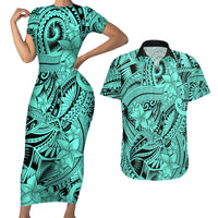Polynesia Couples Matching Short Sleeve Bodycon Dress and Hawaiian Shirt Tribal Polynesian Spirit With Teal Pacific Flowers LT9 - Wonder Print Shop