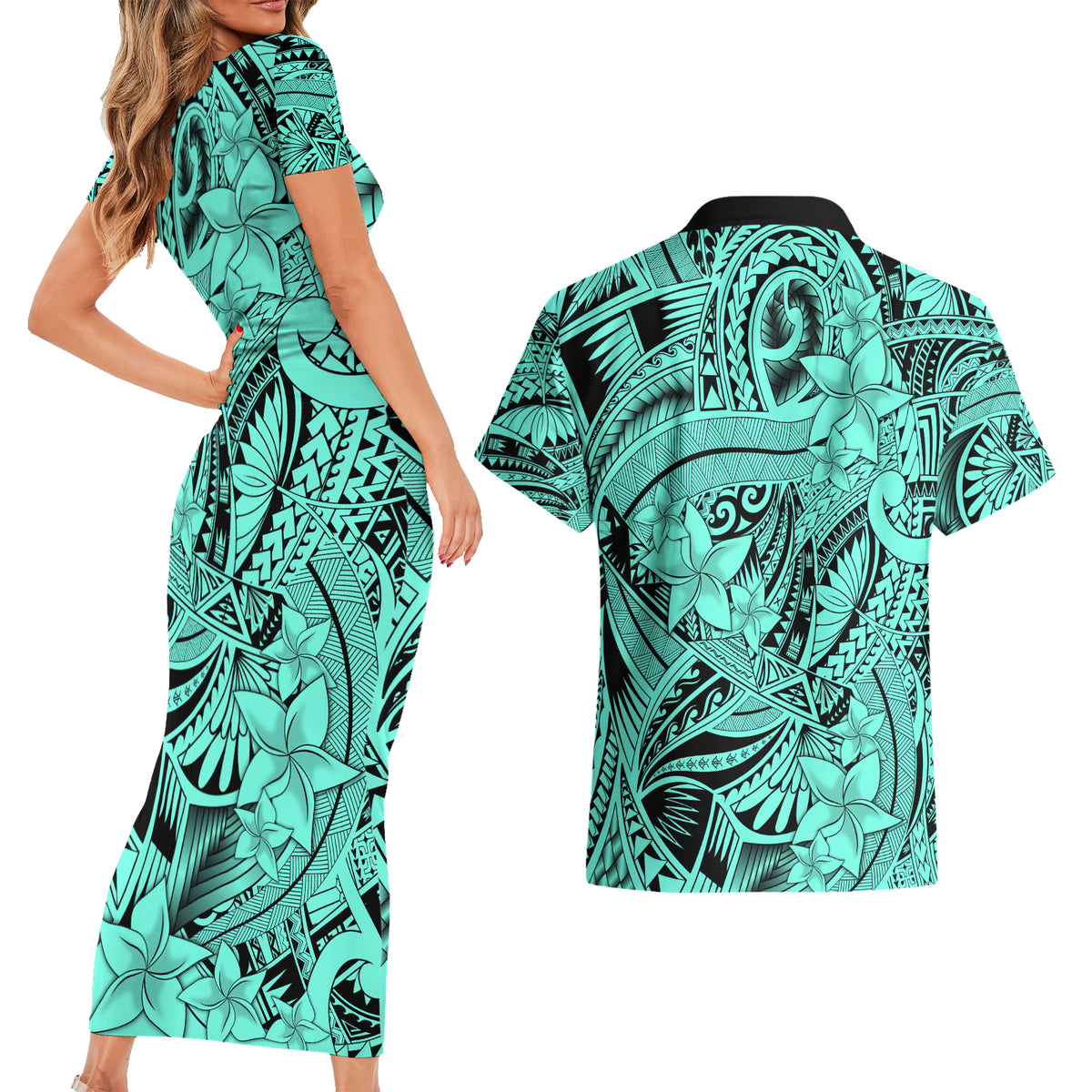 Polynesia Couples Matching Short Sleeve Bodycon Dress and Hawaiian Shirt Tribal Polynesian Spirit With Teal Pacific Flowers LT9 - Wonder Print Shop