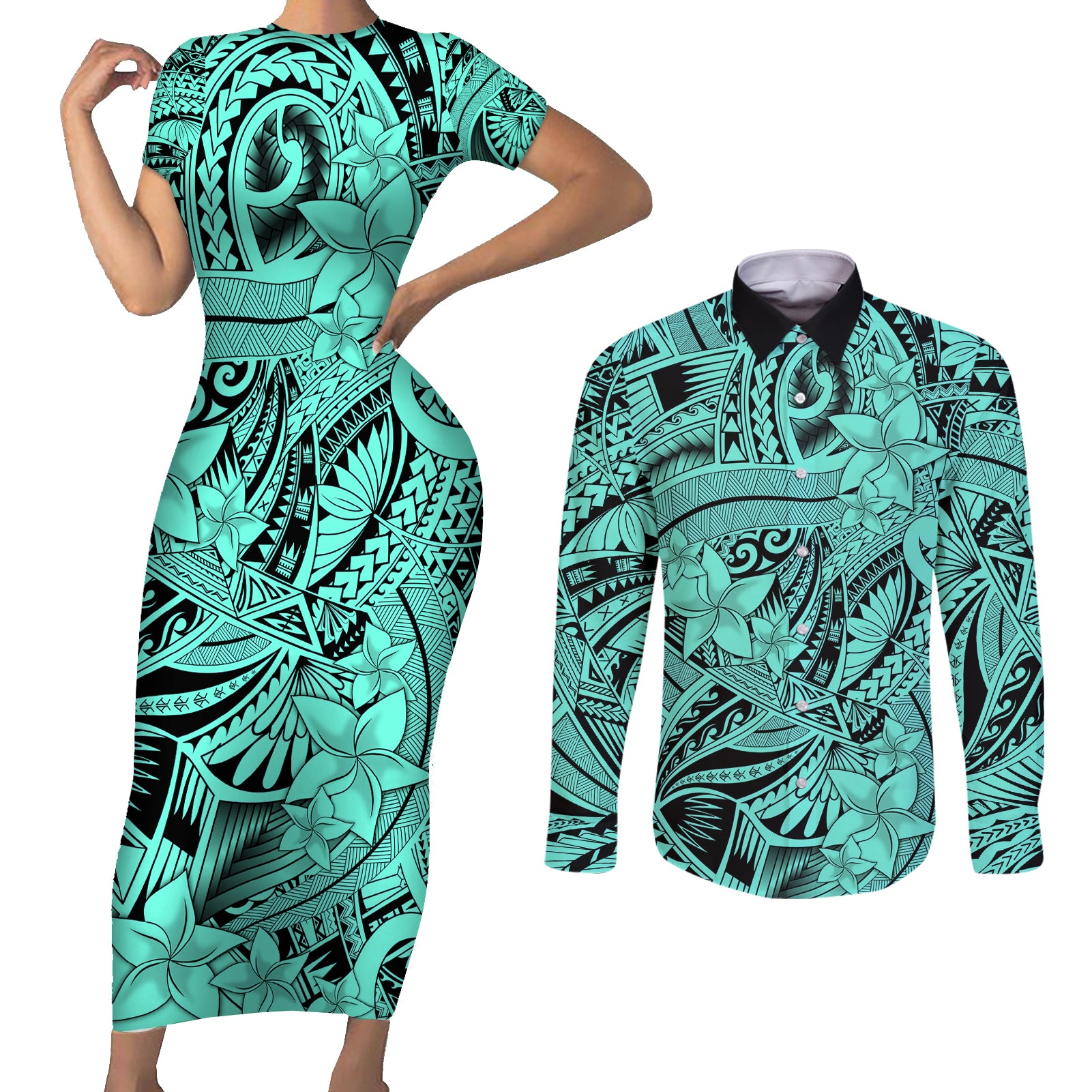 Polynesia Couples Matching Short Sleeve Bodycon Dress and Long Sleeve Button Shirt Tribal Polynesian Spirit With Teal Pacific Flowers LT9 - Wonder Print Shop