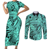 Polynesia Couples Matching Short Sleeve Bodycon Dress and Long Sleeve Button Shirt Tribal Polynesian Spirit With Teal Pacific Flowers LT9 - Wonder Print Shop