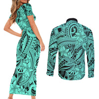 Polynesia Couples Matching Short Sleeve Bodycon Dress and Long Sleeve Button Shirt Tribal Polynesian Spirit With Teal Pacific Flowers LT9 - Wonder Print Shop