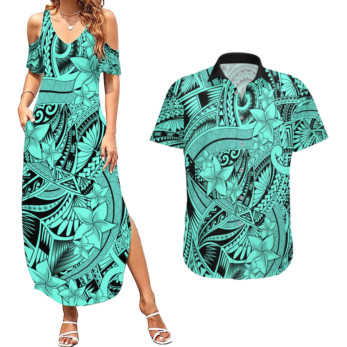 Polynesia Couples Matching Summer Maxi Dress and Hawaiian Shirt Tribal Polynesian Spirit With Teal Pacific Flowers LT9 - Wonder Print Shop