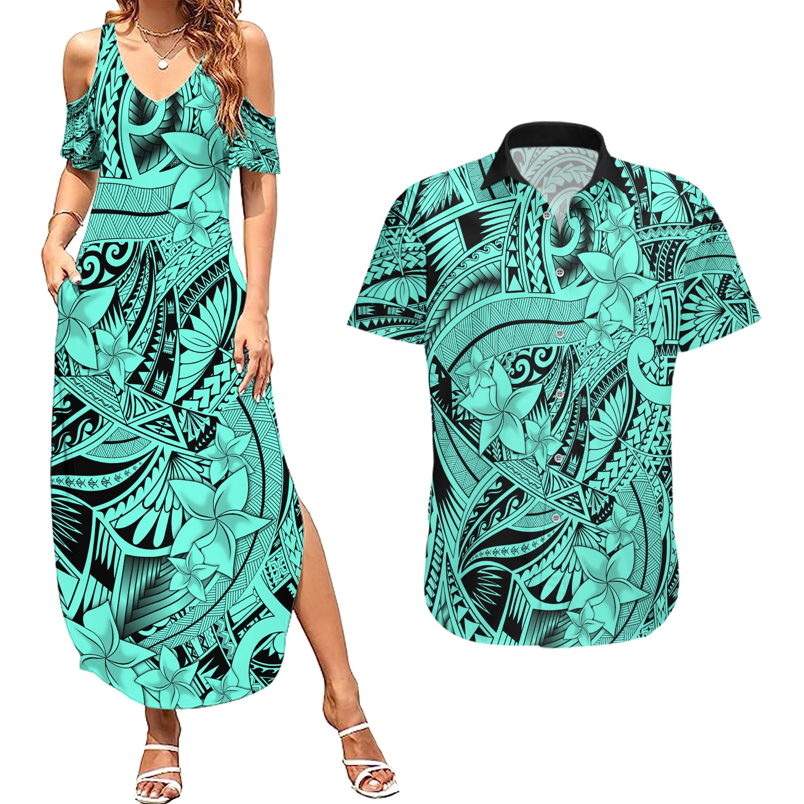 Polynesia Couples Matching Summer Maxi Dress and Hawaiian Shirt Tribal Polynesian Spirit With Teal Pacific Flowers LT9 - Wonder Print Shop