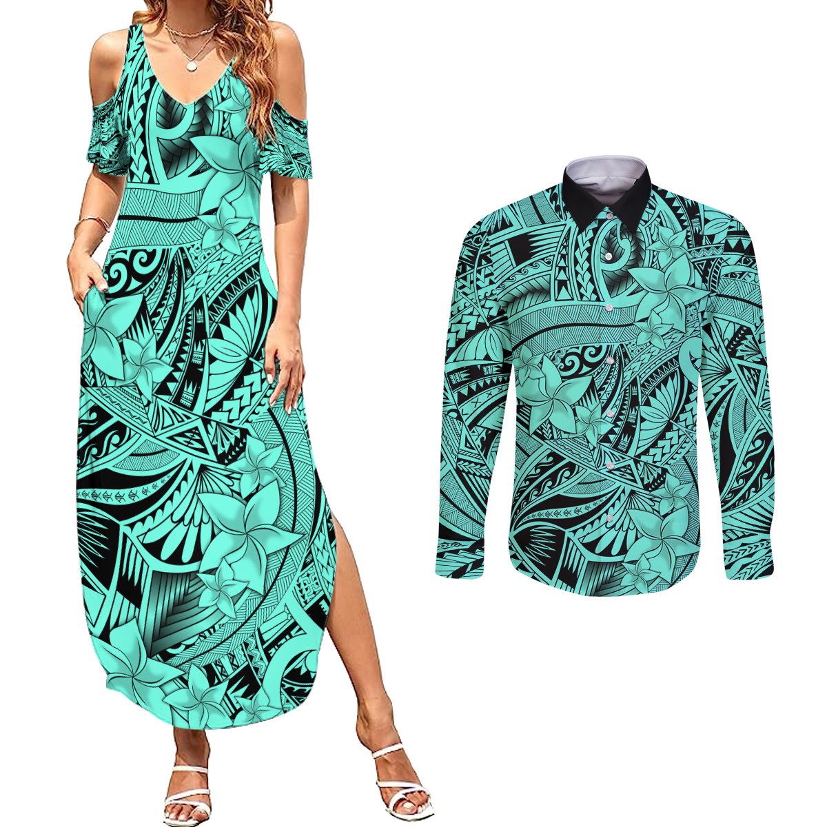 Polynesia Couples Matching Summer Maxi Dress and Long Sleeve Button Shirt Tribal Polynesian Spirit With Teal Pacific Flowers LT9 - Wonder Print Shop