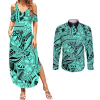 Polynesia Couples Matching Summer Maxi Dress and Long Sleeve Button Shirt Tribal Polynesian Spirit With Teal Pacific Flowers LT9 - Wonder Print Shop