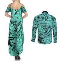 Polynesia Couples Matching Summer Maxi Dress and Long Sleeve Button Shirt Tribal Polynesian Spirit With Teal Pacific Flowers LT9 - Wonder Print Shop