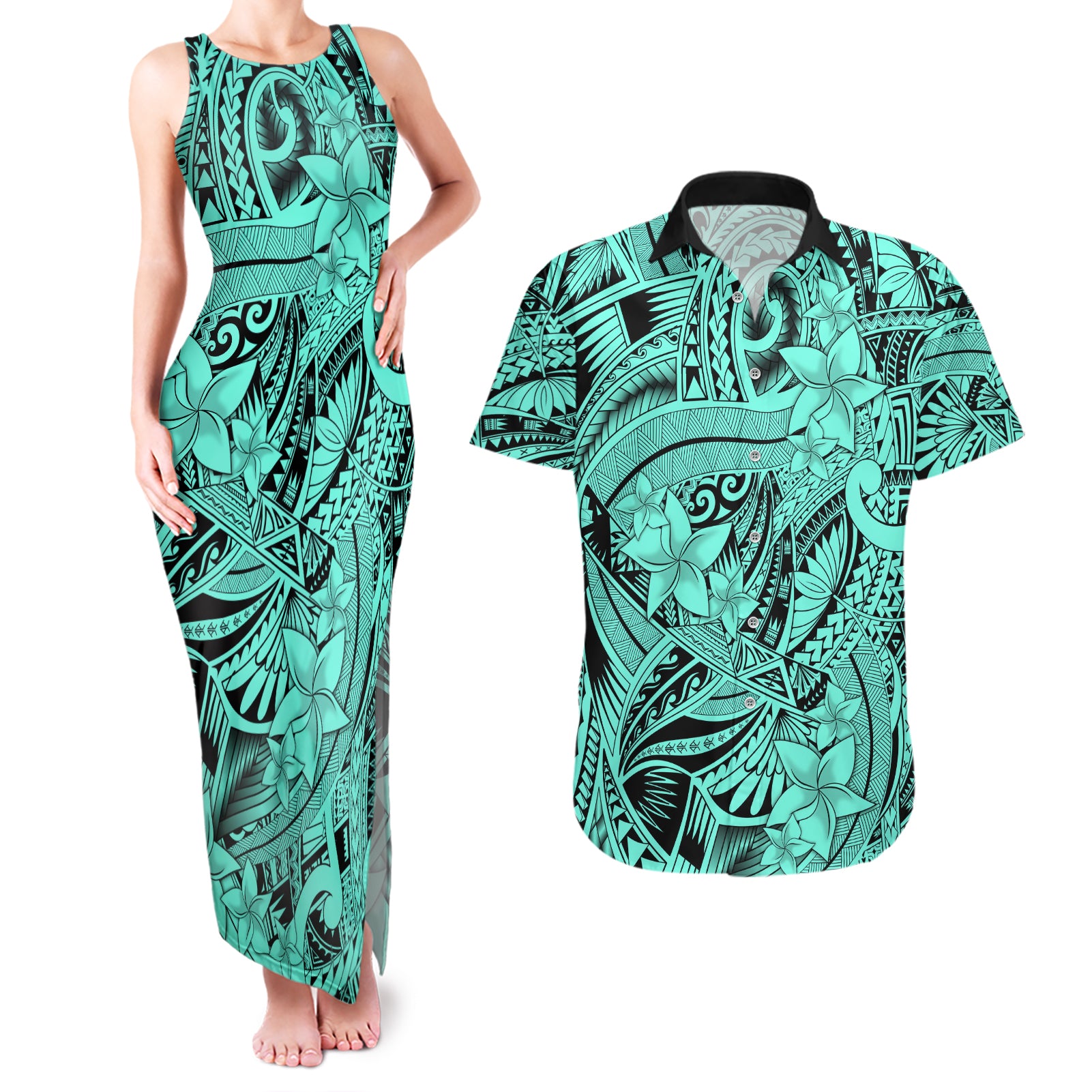 Polynesia Couples Matching Tank Maxi Dress and Hawaiian Shirt Tribal Polynesian Spirit With Teal Pacific Flowers LT9 - Wonder Print Shop