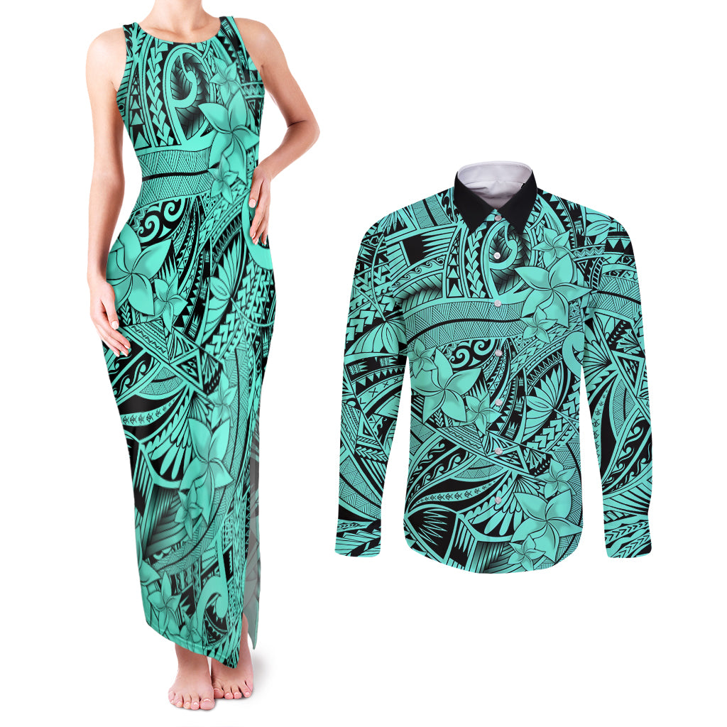 Polynesia Couples Matching Tank Maxi Dress and Long Sleeve Button Shirt Tribal Polynesian Spirit With Teal Pacific Flowers LT9 - Wonder Print Shop
