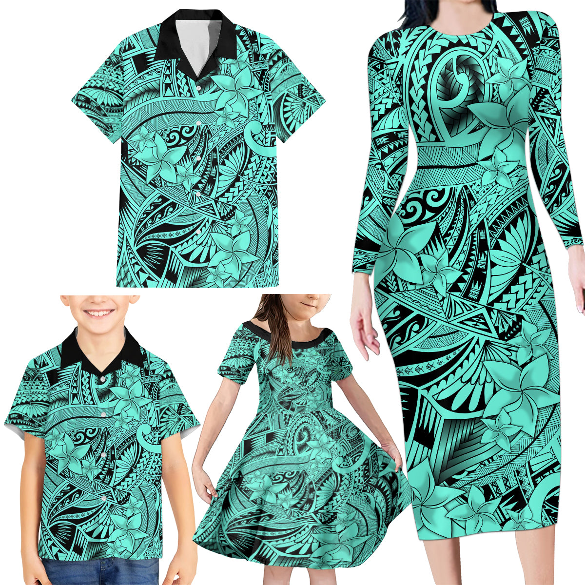 Polynesia Family Matching Long Sleeve Bodycon Dress and Hawaiian Shirt Tribal Polynesian Spirit With Teal Pacific Flowers LT9 - Wonder Print Shop