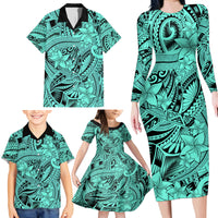 Polynesia Family Matching Long Sleeve Bodycon Dress and Hawaiian Shirt Tribal Polynesian Spirit With Teal Pacific Flowers LT9 - Wonder Print Shop